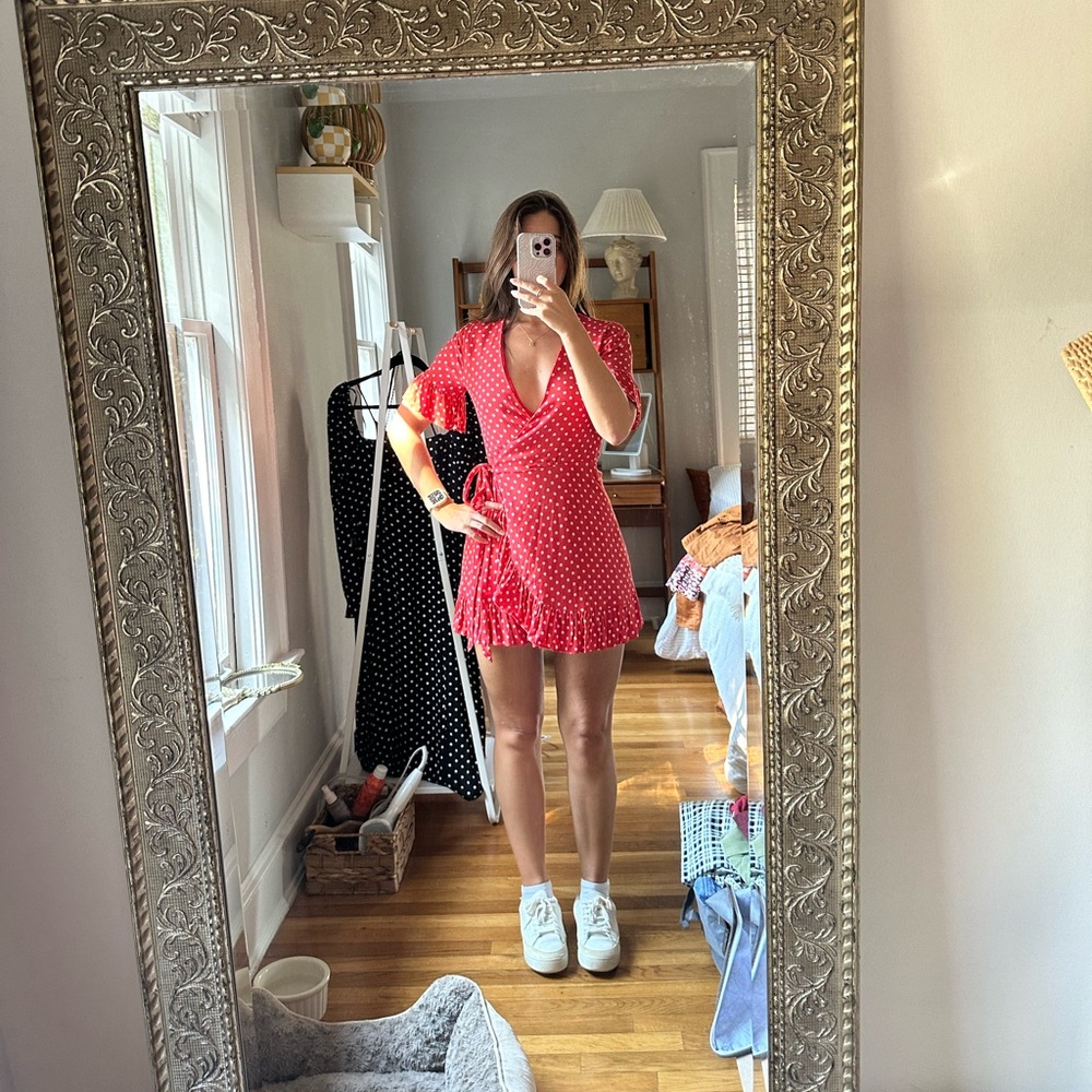 Privacy Please red polka dot wrap dress
